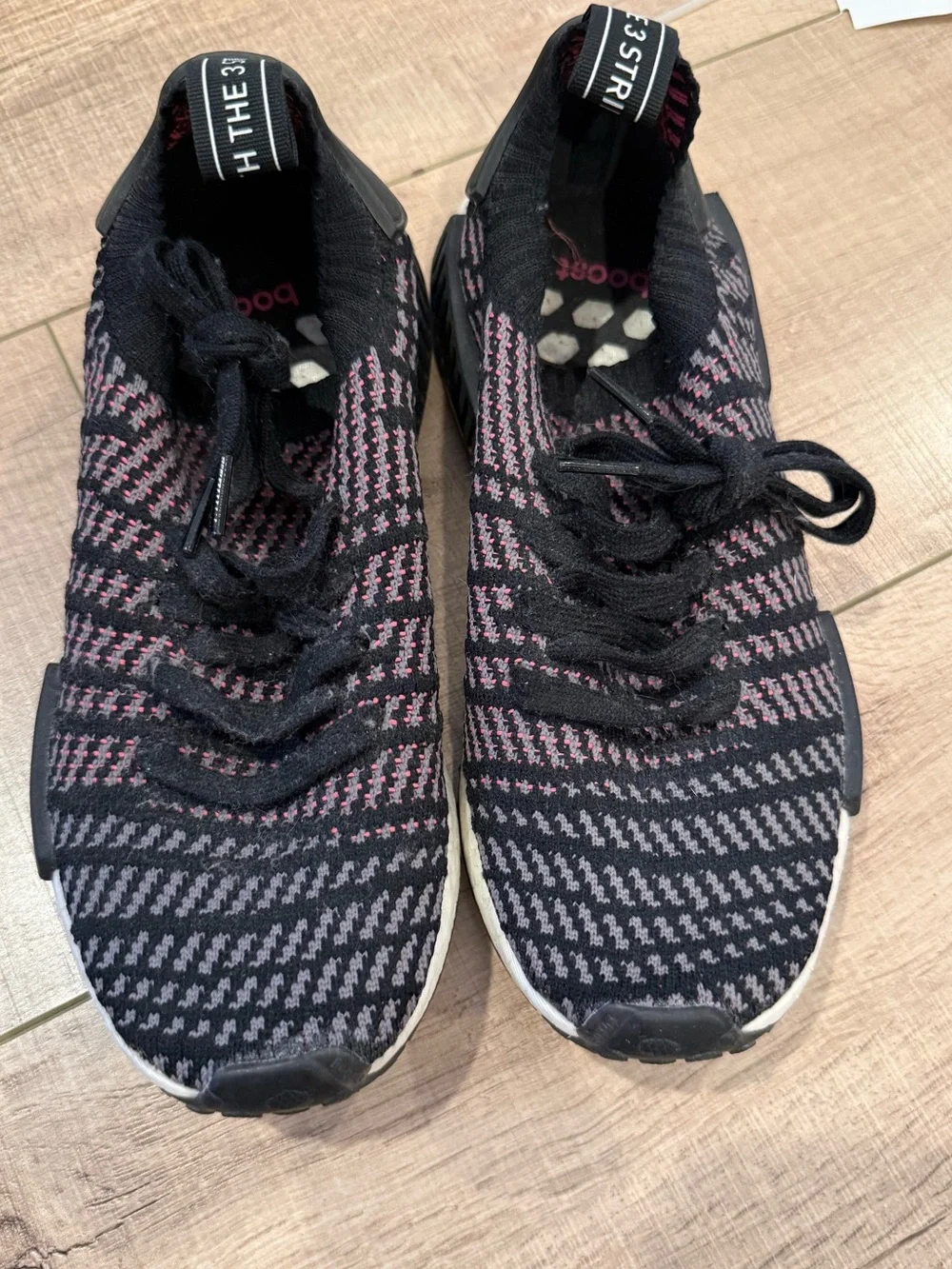 Adidas Men's NMD R1 STLT Black Grey Solar Pink Primeknit Lace-Up Running Sneaker